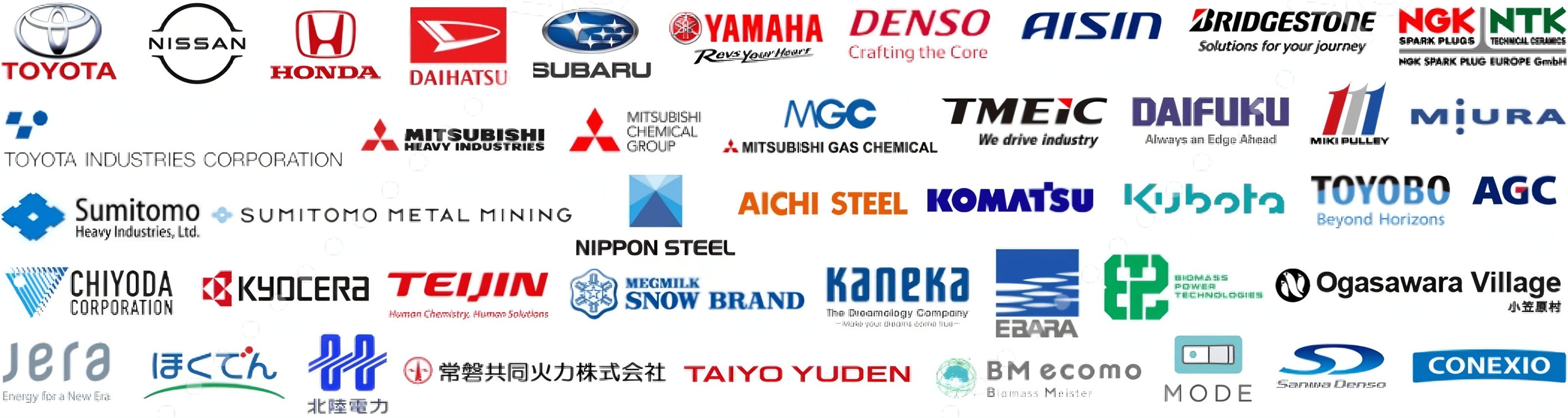 Major Users of conanair:TOYOTA MOTOR・NISSAN MOTOR・HONDA MOTOR・DAIHATSU MOTOR・SUBARU・Yamaha Motor・DENSO・AISIN・BRIDGESTONE・NGK NTK・TOYOTA INDUSTRIES・Mitsubishi Heavy Industries・Mitsubishi Chemical Group・MITSUBISHI GAS CHEMICAL・TMEIC・DAIFUKU・MIKI PULLEY・MIURA・SUMITOMO HEAVY INDUSTRIES・Sumitomo Metal Mining・Komatsu・Kubota・NIPPON STEEL・Aichi Steel・TOYOBO・AGC・CHIYODA・KYOCERA・TEIJIN・MEGMILK SNOW BRAND・KANEKA・BiomassPowerTechnologies・Ogasawara Village・JERA・Hokkaido Electric Power・Hokkaido Electric Power・Hokuriku Electric Power・JOBAN JOINT POWER・TAIYO YUDEN・BMecomo・MODE・SANWA DENSO・CONEXIO